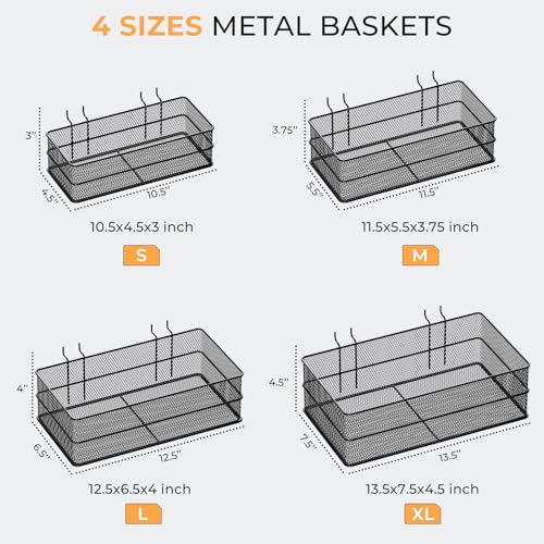 INCLY 4 Pack Upgrade Pegboard Baskets, 4 Sizes Square Metal Mesh Basket - color: Black