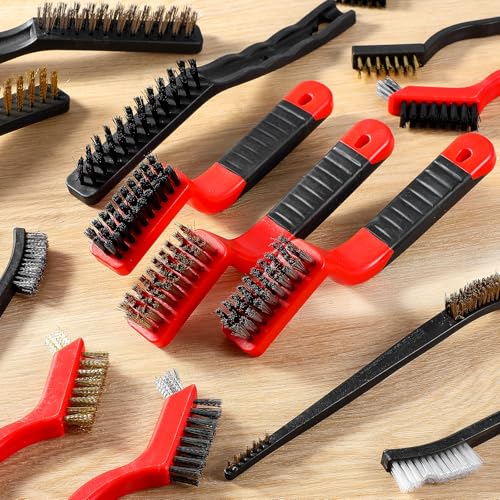 30 Pcs Wire Cleaning Brushes Set, Stainless Steel Nylon Brass Wire Brushes, Metal Brush Grip Paint Remover with Curved Handle for Rust Remover and Paint Removal, Drill, Scrub(Red, Black, Silver, Gold)