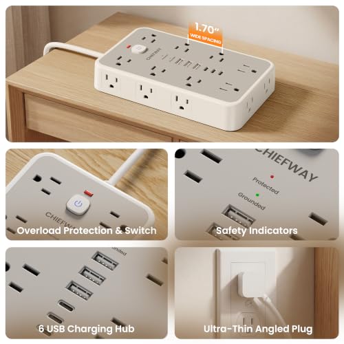6 FT Surge Protector Power Strip with 6 USB, 16 Outlets, 2400J - color: White / Gray, size: 6 FT