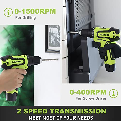 FASTPRO 12V Cordless Drill Set, Home Tool Kit with Bag, Green - color: Green