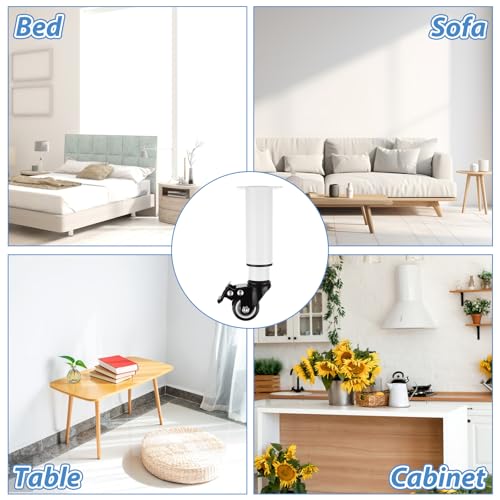 Set of 4 Metal Adjustable Furniture Legs with Wheels 7-12 Inch White Adjustable Table Legs with Casters Heavy Duty Bed Support with Brake Table Legs with Wheels for Cabinet Sofa Bed, 440LBS