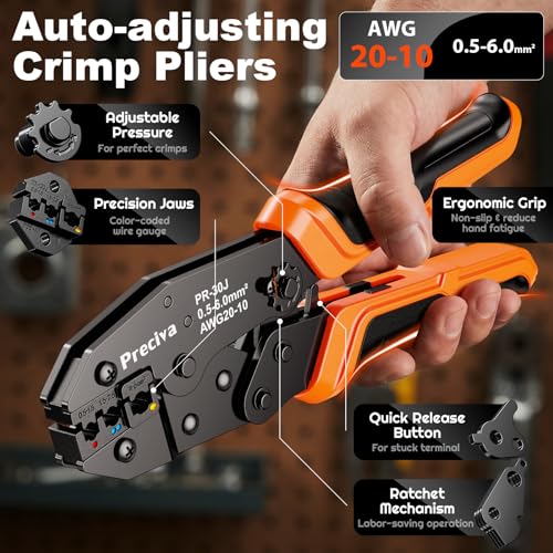 Preciva Crimping Tool for Insulated Terminals Wire Connectors, AWG20-10 Ratchet Crimper with Automatic Wire Stripper and 380 Pcs Insulated Terminals Connectors