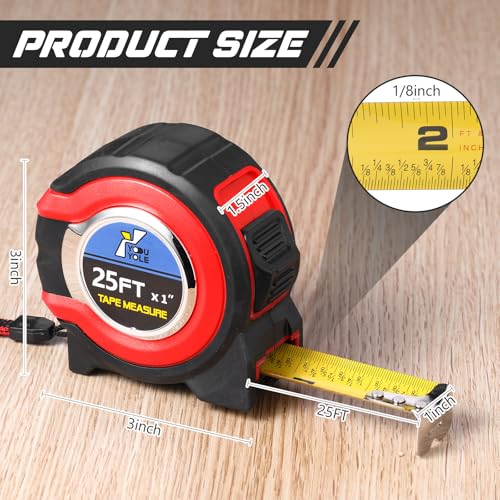 Youyole 10 Pack Tape Measure with Fractions 1/8 Steel Measuring Tape Retractable Easy Read Measurement Ruler Steel Power Blade (25 ft X 1 in,Red) - color: Red