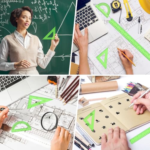 Plastic Clear Ruler Math Set, 6" | 12" Straight Ruler Protractor, 2 Protractors 180 Degree 2 Triangle Rulers 45 | 60 Degree 2 Straight Rulers Measuring Tool for School Office Home Supplie,Green - color: Green