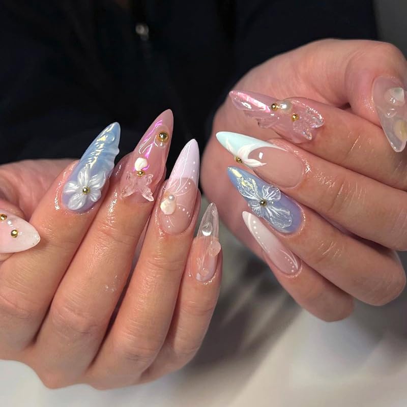3D Flower Butterfly Press On Nails, Medium Length Almond Blue Pink Floral Pearl French Tip, Cute Charms Designer Reusable Acrylic Fake Nails, Spring Summer Daily Wear for Women - color: LF-3267, size: 24 Pieces (Pack of 1)