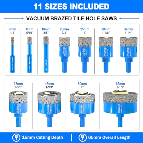11-Piece Vacuum Brazed Diamond Hole Saw Kit, 6-65mm - size: SET2-6/8/10/20/25/28/32/35/45/50/65MM
