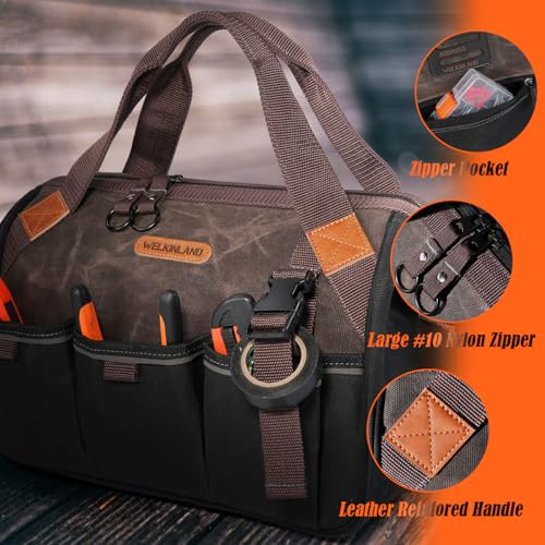 WELKINLAND 18 Pockets Electrician Tools Bag, Waxed Canvas Tool Bag For Men