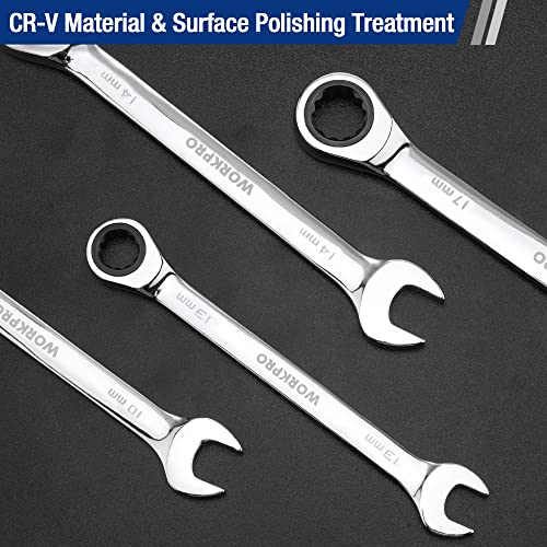 WORKPRO 7-Piece Ratcheting Combination Wrench Set, 72 Teeth, Cr-V Constructed, Combo Ratchet Wrenches Set with Roll Up Pouch, Metric 8mm-17mm (Pack of 2) - size: Metric (Pack of 2)