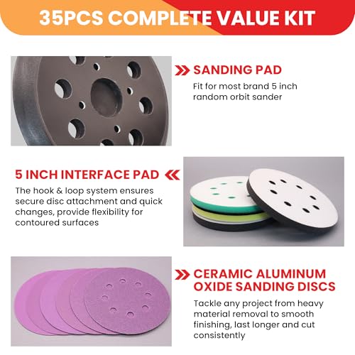 5 Inch Replacement Sander Pad Compatible with Craftsman Ridgid Ryobi 35 PCS
