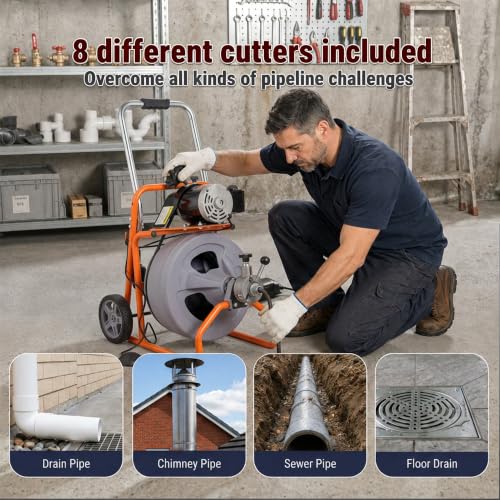 HoldwellS 75FT x 1/2 Inch Drain Cleaner Machine, Auto Feed Electric Drain Auger for 2"-4" Pipes, Enclosed Plastic Drum with 4 Cutters & Pneumatic Foot Switch, Sewer Snake Auger - color: 75FT x 1/2inch (Auto Feed)
