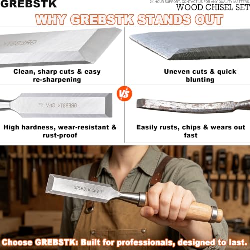 GREBSTK 4 Piece Wood Chisel Set CR-V Steel Sharp Bevel Edge for Woodworking