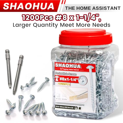1200 Pcs #8 1-1/4" Pocket Hole Screws, Coarse Thread for Furniture, Cabinets, Compatible with Kreg Jig, Zinc Plated Pocket Screws for Indoor Use, Portable Handheld Box w/ SQ2 Square Drive Bit - size: A. #8 1-1/4"