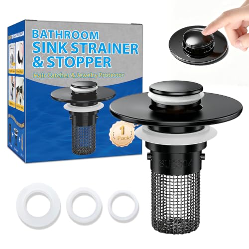 Bathroom Sink Drain Strainer, Pop-Up Bathroom Sink Stopper with Removable Stainless Steel Hair Catcher Basket, Universal Fit for US Bathroom Sinks, Showers & Floor Drains (1pcs-Black) - color: 1pcs-black