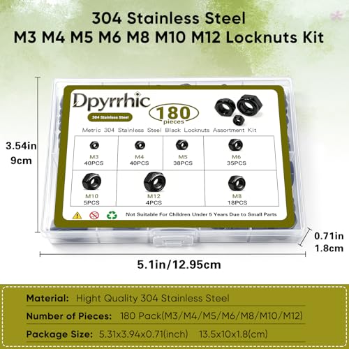 Dpyrrhic 180 Pcs Locknuts Assortment Kit,Black 304 Stainless Steel Lock Nuts Kit Metric Nylon Insert Lock Nuts Set,M3 M4 M5 M6 M8 M10 M12 Size Assortment Kit