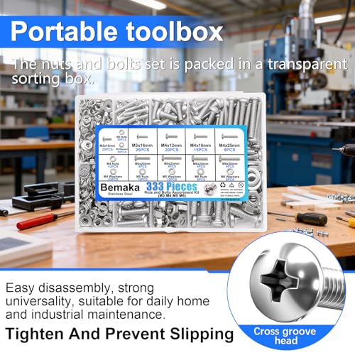 333Pcs Machine Screws Nuts and Bolts Assortment Kit, Stainless Steel Bolts 9 Sizes M3 M4 M5 M6 Phillips Pan Head Screw Assortment Kit for Furniture, Automotive, Appliance Repair, DIY Projects - size: 333PCS