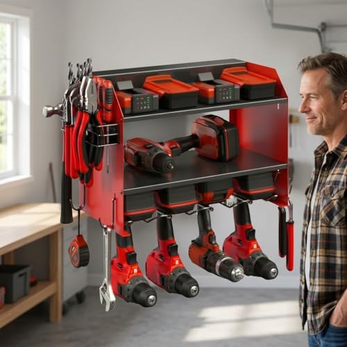 Heavy Duty Power Tool Organizer – 4 Drill Holders, Pegboard, Side Racks – Garage Storage Rack for DIYers – Metal Power Tool Shelf, Easy Install – Red