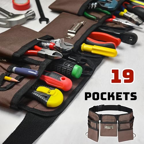 11 Pocket Brown and Black Heavy Duty Construction Tool Belt, Work Apron, Tool Pouch, with Poly Web Belt Quick Release Buckle - Adjusts from 33” Inches All the Way to 50” Inches