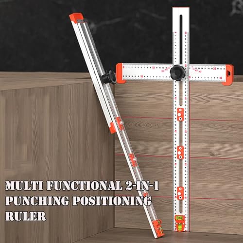4-in-1 Drilling Positioning Locator, Adjustable 13.78in Multifunctional T Square Ruler, Cabinet Hardware Jig, Marking Gauge Tools for Woodworking, Cabinet Drawer Door Hole Drilling Template