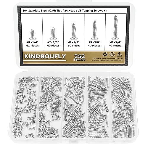 252 Pieces #2 x 1/4" 3/8" 1/2" 5/8" 3/4" Phillips Pan Head Self-Tapping Screws, Wood Screws Assortment Kit, 304 Stainless Steel - size: #2