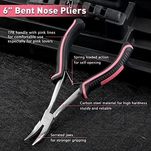 Long Reach Bent Nose Pliers with Serrated Jaw 6 Inches Mini Bent Long Nose Pliers Bent Chain-Nose Pliers Curved Long Nose Plier For Jewelry Making Working In Tight Spaces Pink Tool for Women - style: Bent Nose Plier