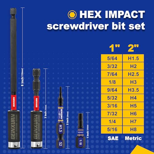 GEINXURN 22 Pieces Multi Hex Head Impact Tough Magnetic Allen Wrench Drill Bits Set, (Metric&SAE) 1 in./2 in. Mixed Hex Head S2 Steel Power Bits Set with Bit Extension Holder - size: SM-22