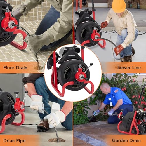 75Ft x 1/2 Inch Drain Cleaner Machine, Electric Drain Snake with 6 Cutters Gloves, Electric Drain Clog Remover Plumbing Tool for 2 to 4 in Pipes, Auto Feed Sewer Snake Auger Drain Auger Cleaner - style: 75FT 1/2''