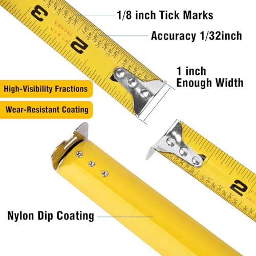5 Pack Tape Measure 25 ft, Easy Read Measuring Tape with Fractions 1/8, Retractable 25-Foot by 1-Inch Blade with Durable Coating & Impact-Resistant Case for Contractors & DIY - size: 25 Ft