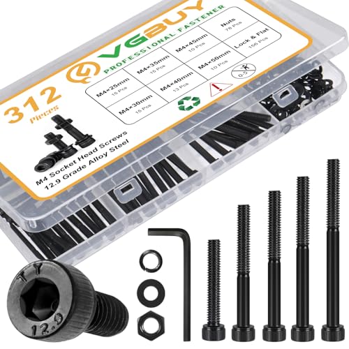 VGBUY 312Pcs M4 Screw Kit, Black M4 Screws (6 Sizes 25-50mm), Metric Nuts and Bolts Assortment Kit, Hex Socket Head Cap 25/30/35/40/45/50mm with Washer Nuts, 12.9 Grade - size: M4x25/30/35/40/45/50mm, style: Socket Head