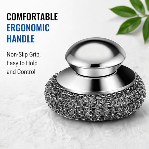 Steel Wool Scrubber, 6-Pack Stainless Steel Scrubber Pads with Handle - The Ultimate Scouring Solution for Rust, Stubborn Messes on Cookware, Grill, Oven & Kitchen Sinks - size: 2 Handle+4 Pads