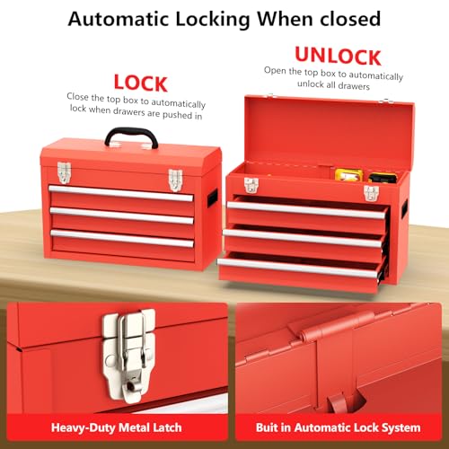 3 Drawer Metal Tool Box, Portable Metal Tool Box with EVC Liners and Latches Closure, Heavy Duty Steel Tool Chest with Ball Bearing Opening and Powder Coated Finish, Red - color: Red