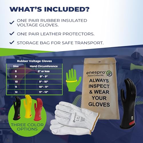 Enespro Class 0 Insulated Electrical Gloves Kit, 1000V AC/1500V DC, Size 9 - color: Black, size: Size 9