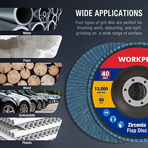WORKPRO 10-Pack Zirconia Flap Discs, 4-1/2" x 7/8", T29, 40 Grit | Zirconia Abrasive Flap Sanding Discs for Angle Grinders - style: 40 Grit