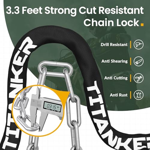 Titanker Bike Chain Lock with Keys, 3.3 Feet Security Heavy Duty Anti-Theft Bicycle Chain Locks for Bike, Motorcycle, Bicycle, Door, Gate, Fence, Grill (6mm, 8mm, 10mm Thick Chain) - color: Black-8mm Chain