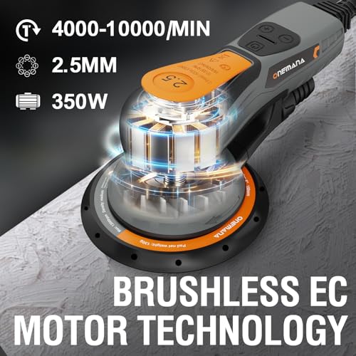 2.5mm Random Orbital Sander, 350W Brushless Motor Electric Palm Sander for Woodworking, 6 Variable Speeds to 10000RPM, Multi-function Sander with 6Inch Backing Plate, 10 Sanding Papers