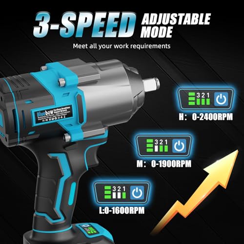 Bluebow Cordless Impact Wrench, 737.5 ft-lbs (1000 N·m) Brushless Impact Wrench with 2x4.0Ah Battery, 1/2" 3-Speed Modes Impact Gun with 4 Sockets for Pickup, Truck, Home Car - size: Medium