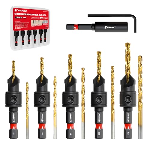 EZARC Countersink Drill Bit Set, 12PCS 2-Flute Adjustable Bits for Wood