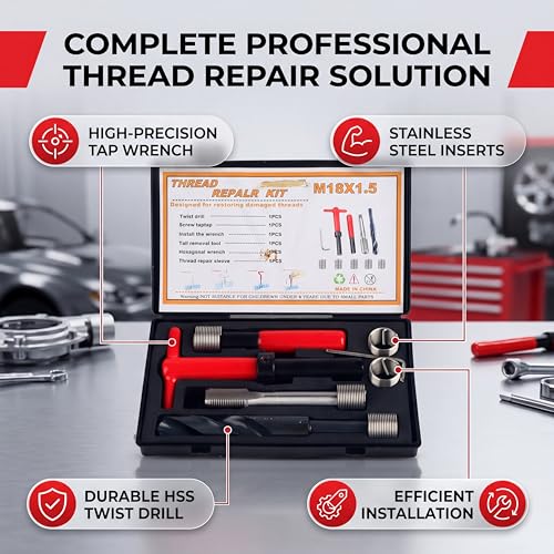 M18x1.5 Thread Repair Kit, 10 Pcs Helicoil Thread Repair Kit Thread Chaser Set, Portable Thread Metric Inserts Repair Kits Helicoil Thread Repair kit, Compatible Hand Tool Set for Auto Repairing - color: M18x1.5