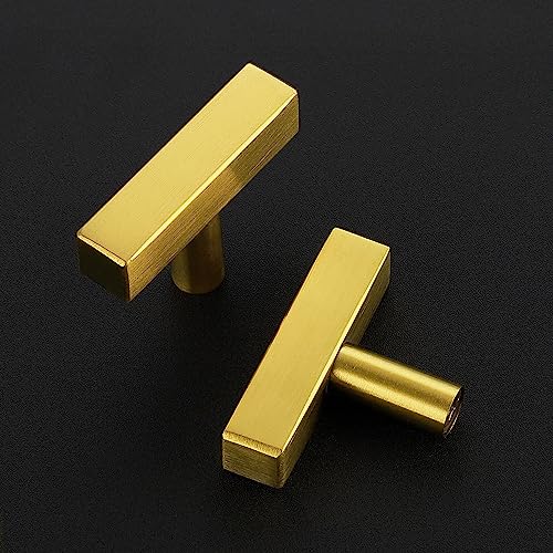 5 Pack Brushed Brass Cabinet Knobs, 2in Length T-Square Bar Drawer Pulls | Single Hole Grip, Stainless Steel Build, Kitchen Cabinet Restyle, For Drawers, Dressers, Cupboards, Closet Doors - color: Brushed Brass, size: 5 Pack, style: Sqaure Bar