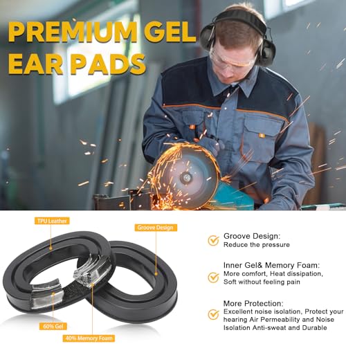Kalence Gel Ear Pads Bluetooth 5.4 Hearing Protection Headphones, 30dB Noise Cancelling Headphones, 1200mAh Rechargeable Safety Earmuffs Bluetooth Ear Protection for Mowing - color: Black-gel