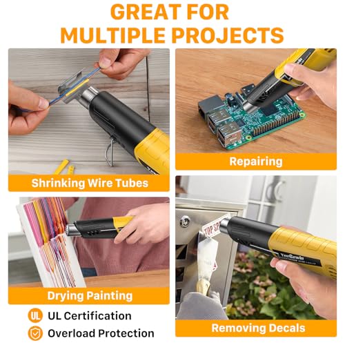 380W Mini Heat Gun, 2-Temp 480°F & 850°F for DIY & Crafts-Yellow - color: Yellow