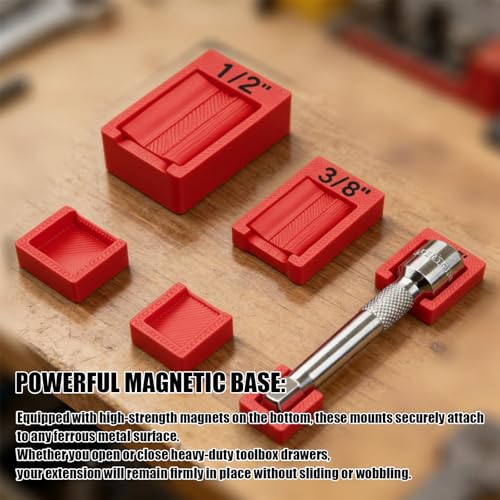 Magnetic Socket Extension Holder Set 3-Piece ratchet Organizer for 1/2", 3/8", and 1/4" Drive Extensions, Professional Garage Drawer Storage with Strong Magnetic Base, Red (Red) - color: Red