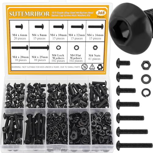 365 Pieces M4 Screws Nuts Washers Set Black, Sutemribor M4 x 6/8/10/12/16/20/25mm Button Head Socket Cap Screws Nuts Washers Assortment Kit, 10.9 Grade Alloy Steel, Fully Threaded - size: M4 x 6/8/10/12/16/20/25mm, style: Button Head