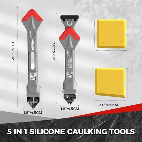5 in 1 Caulking Tool with 5 Silicone Pads and 4 Glass Glue Corner Scrapers, Caulk Remover Tool with Replacement Blades and Unclogging Needle, Caulking Removal Tool for Kitchen Bathroom - size: 5 in 1