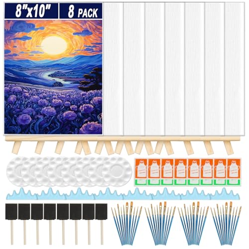 8 Pack Mini Canvas and Easel Set, 8×10 Inch Paint Party Kit Include 8 Small Easels 8 Color Palettes 8 Pen Holders 8 Sponge Brushes 16 Apron and 40 Brushes, Canvas Kit for Painting Party