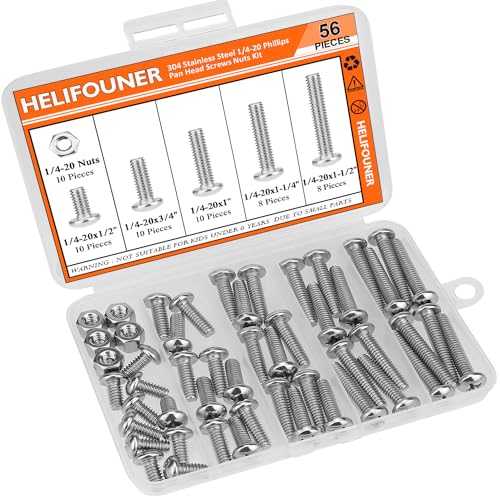 HELIFOUNER 56 Pieces 1/4-20 x 1/2" 3/4" 1" 1-1/4" 1-1/2", Phillips Pan Head Machine Screws Bolts Nuts Kit, Coarse Thread, Fully Machine Threaded, 304 Stainless Steel - size: 1/4-20, style: Phillips Pan Head
