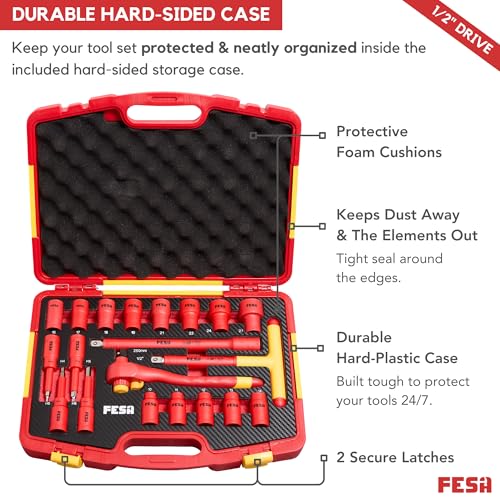 FESA Electrician Insulated Socket Set - 1000V 20-Piece Professional Insulated Ratchet & Socket Wrench Set (1/2" Drive) w/ 4 Hex Bits, T-Handle & Extension - 1000 Volt Insulated Tools for Electricians - style: 1/2" Drive (Storage Case)