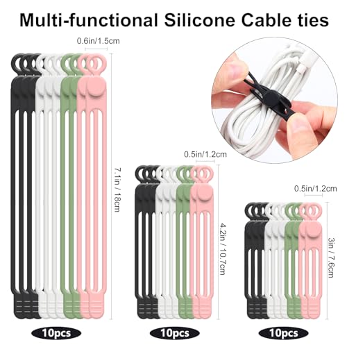 Silicone Cable Ties, 30Pcs Reusable Cord Ties in 3 Sizes for Various Cables