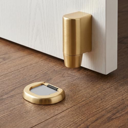 2 Pcs Magnetic Door Stopper for Bottom of Door,Adjustable Door Holder | No Drilling Adhesive Magnetic Door Stop, Keep Door Open, Windproof Door Catch for Home, Pet and Renters, Brushed Gold