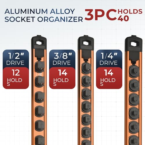 Reniteco Magnetic Socket Organizer Set, 3-Piece 1/2" 3/8" 1/4" Drive Aluminum Alloy Socket Holder with 40PC 360° Swivel Removable Clips, Magnetic Socket Rail for Tool Box Drawer, Orange - color: Orange, size: 3pc