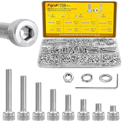 720PCS M3 Hex Socket Screw Assortment Kit,M3x6/8/10/12/16/20/25/30 mm - size: SS M3 720pcs